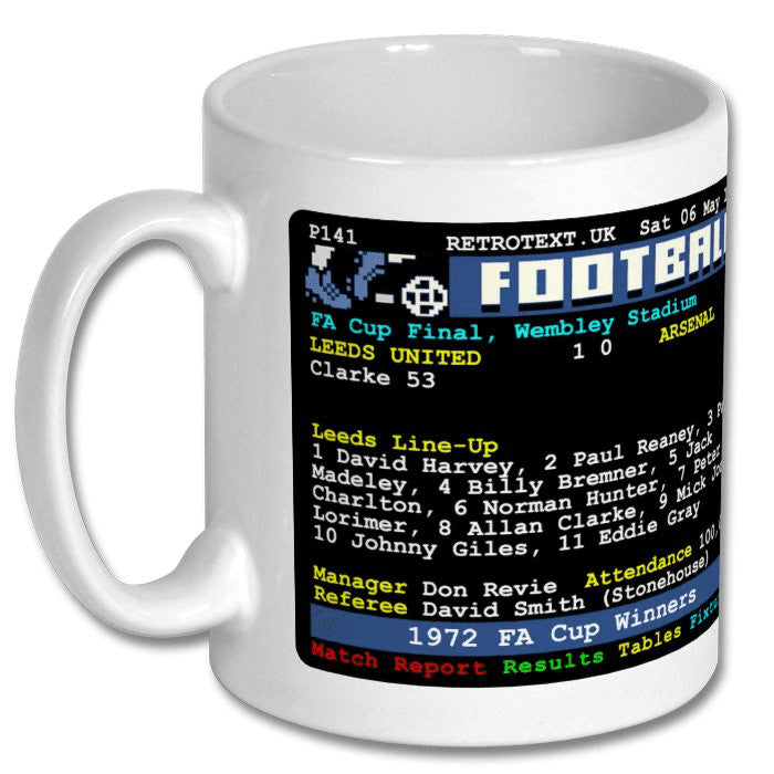 Retrotext white ceramic mug featuring a 1972 FA Cup final Leeds United teletext match report and Billy Bremner detail.