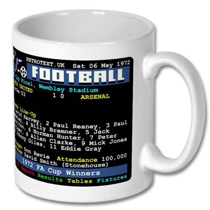 Retrotext Leeds United 1972 FA Cup Winners mug featuring a vintage teletext scoreboard design on a glossy white ceramic
