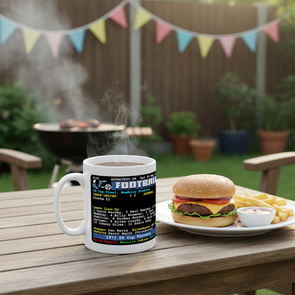 Retrotext Leeds United 1972 FA Cup Billy Bremner teletext design white ceramic mug on a wooden table with a burger