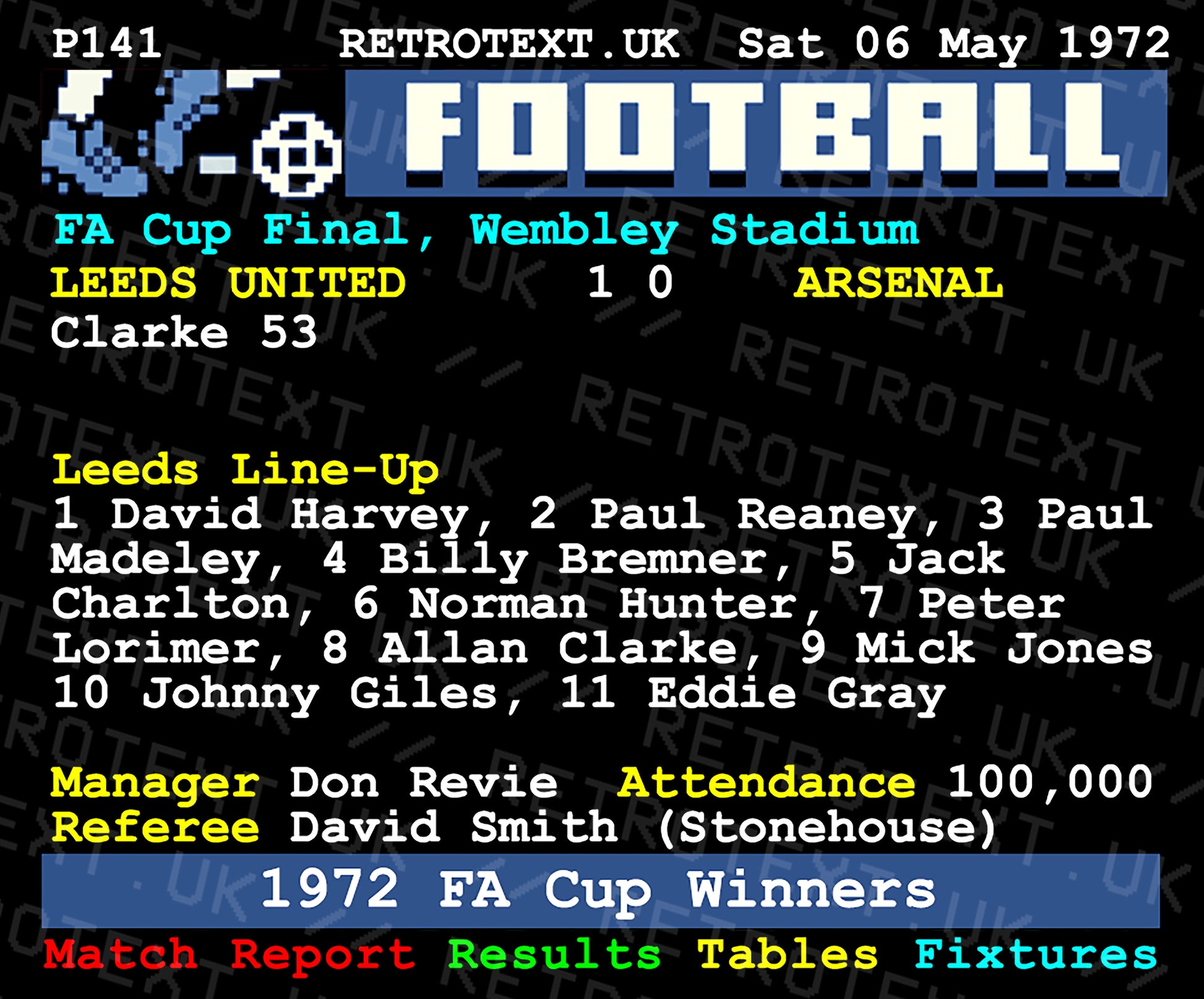 Retrotext Leeds United 1972 FA Cup Winners mug featuring a vintage teletext style match report graphic