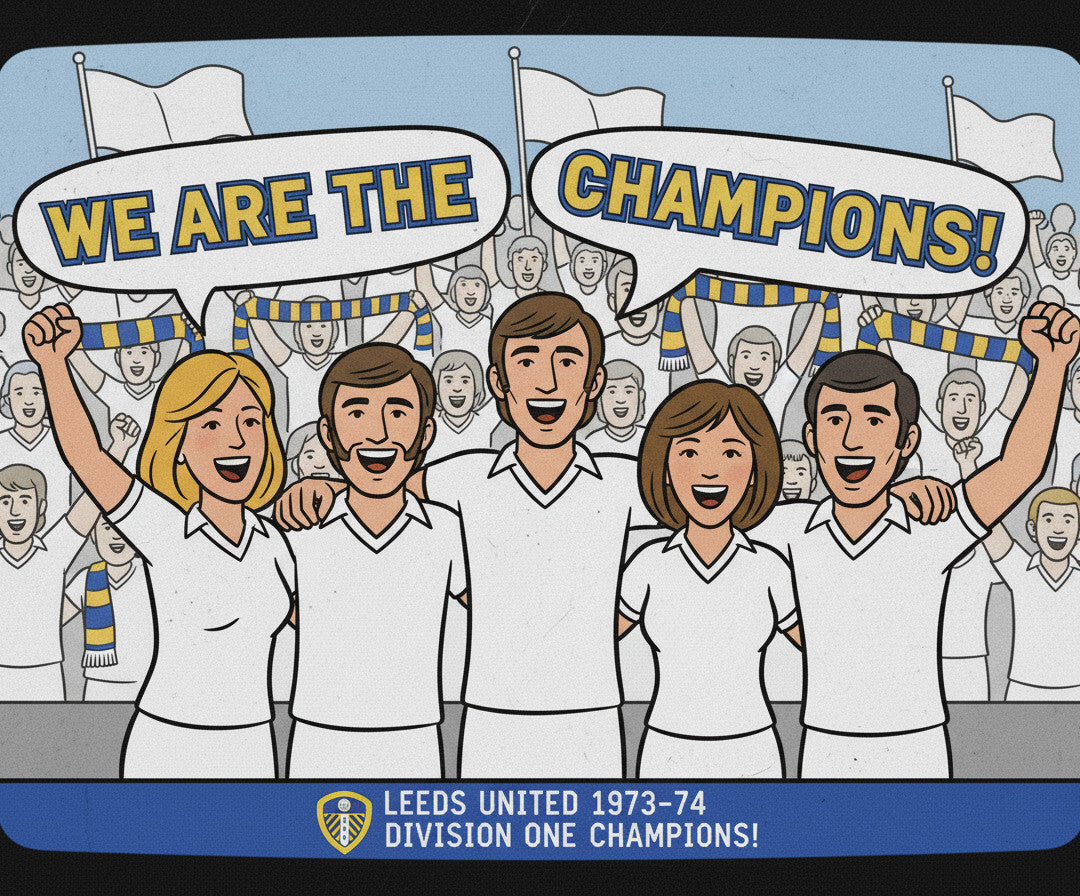 Retrotext Leeds United 1974 Division One Champions mug featuring a vintage cartoon illustration of celebrating fans.