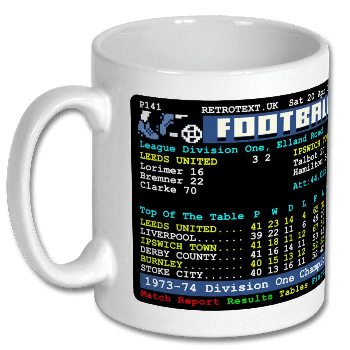 Retrotext Leeds United 1974 Division One Champions mug featuring a vintage teletext football league table design.