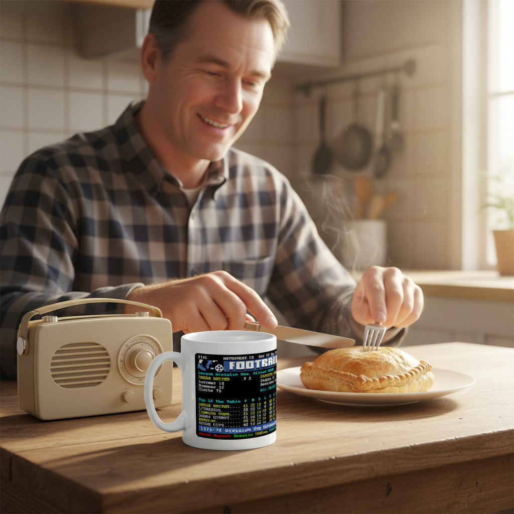Retrotext Leeds United 1974 Division One Champions teletext design mug on a wooden table next to a vintage radio