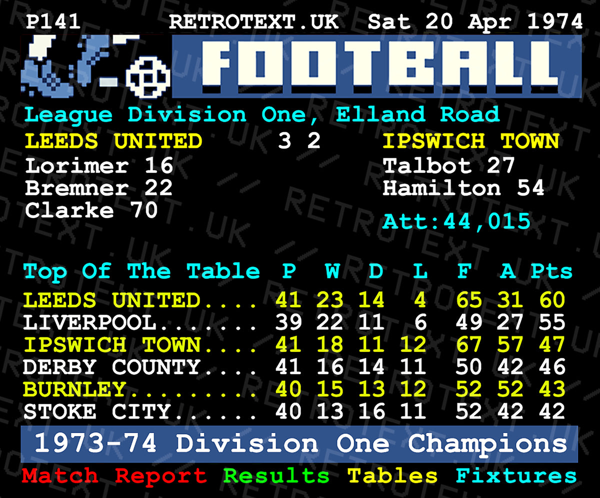 Retrotext Leeds United 1974 Division One Champions glossy white 11oz ceramic mug with vintage teletext football design