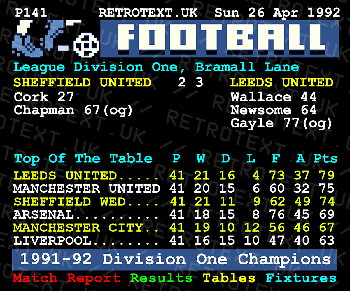 Retrotext Leeds United 1992 Division One Champions teletext mug featuring a classic 90s football league table design.