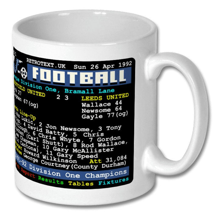 Retrotext Leeds United 1992 Division One Champions teletext design on a glossy white 11oz ceramic mug
