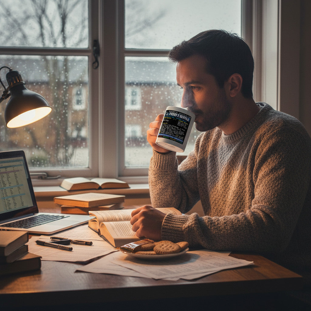 A man drinking from a Retrotext Leeds United 1992 Division One Champions teletext mug at a desk by a window.