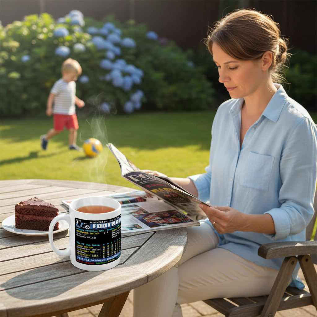 Retrotext Leeds United 1992 Division One Champions teletext mug on a garden table with a woman reading a magazine