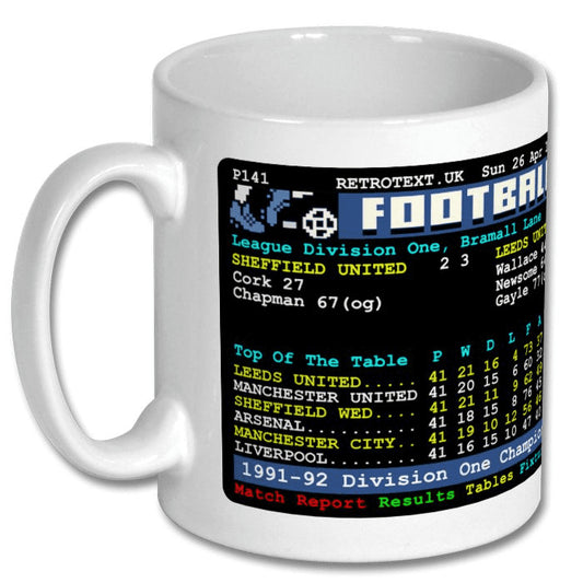 Retrotext Leeds United 1992 Division One Champions teletext design on a glossy white 11oz ceramic mug