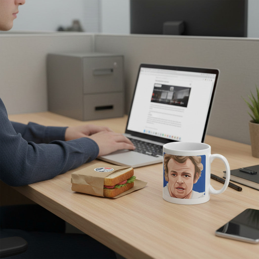 Retrotext Leeds United 1969 Billy Bremner ceramic mug on a wooden office desk next to a laptop and sandwich
