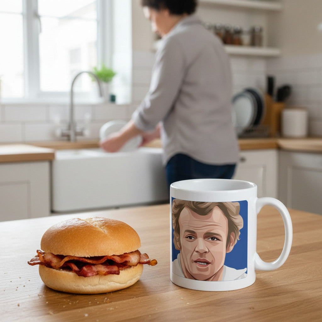 Retrotext 11oz glossy white mug featuring a Billy Bremner graphic, placed on a kitchen table next to a bacon roll.
