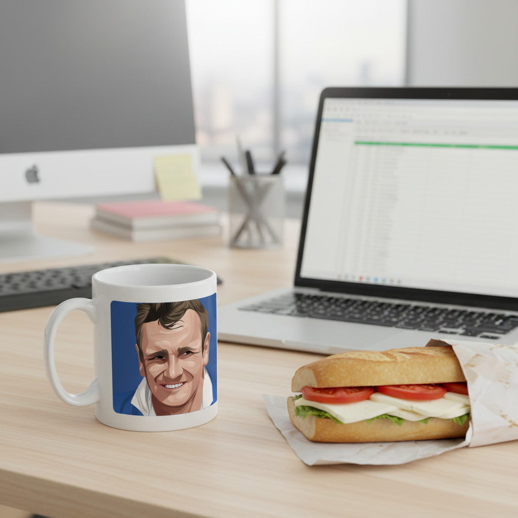 Retrotext Leeds United 1968 League Cup ceramic mug featuring a Billy Bremner portrait on a desk next to a sandwich