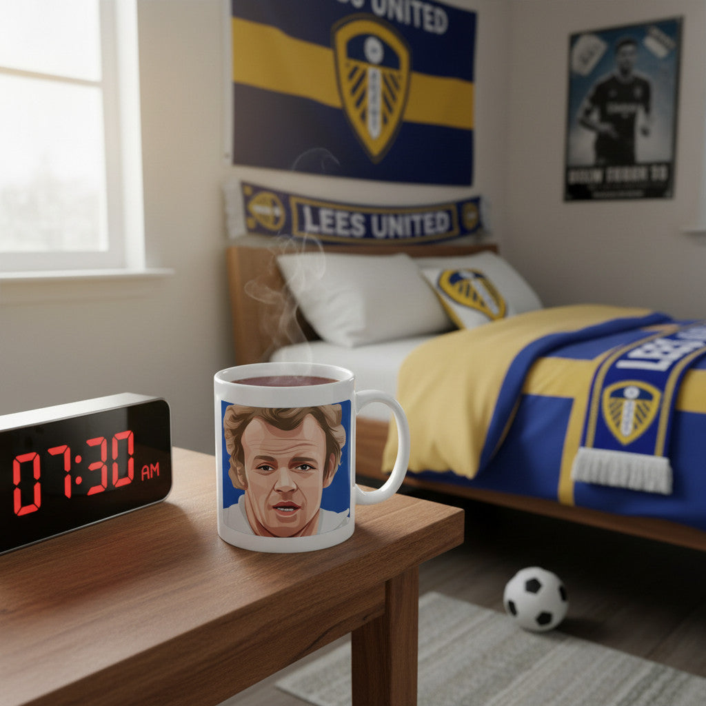 Retrotext Leeds United 1968 League Cup Winners ceramic mug featuring Billy Bremner portrait on a bedroom nightstand
