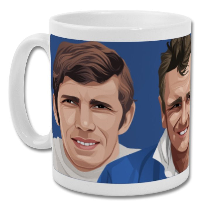 Retrotext Leeds United 11oz glossy white mug featuring illustrated portraits of football legends Billy Bremner and Johnny Giles.