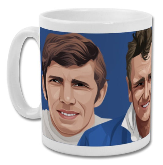 Retrotext Leeds United 11oz glossy white mug featuring illustrated portraits of football legends Billy Bremner and Johnny Giles.