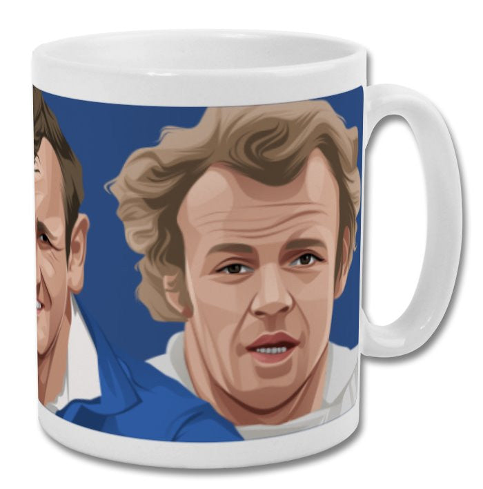 Retrotext Leeds United 11oz ceramic mug featuring illustrated portraits of Billy Bremner and Johnny Giles