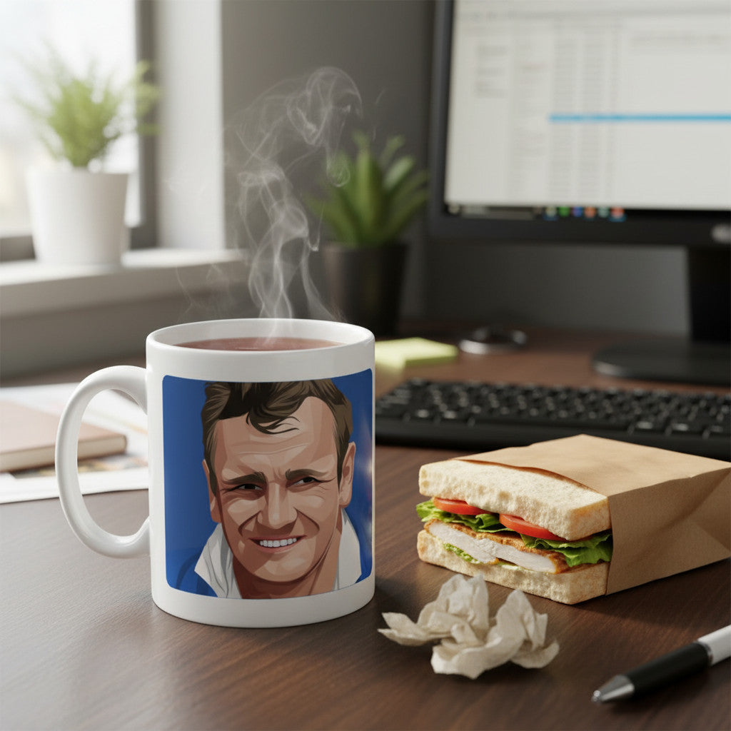 Retrotext 11oz glossy white mug featuring a Don Revie illustration, sitting on an office desk with a sandwich.