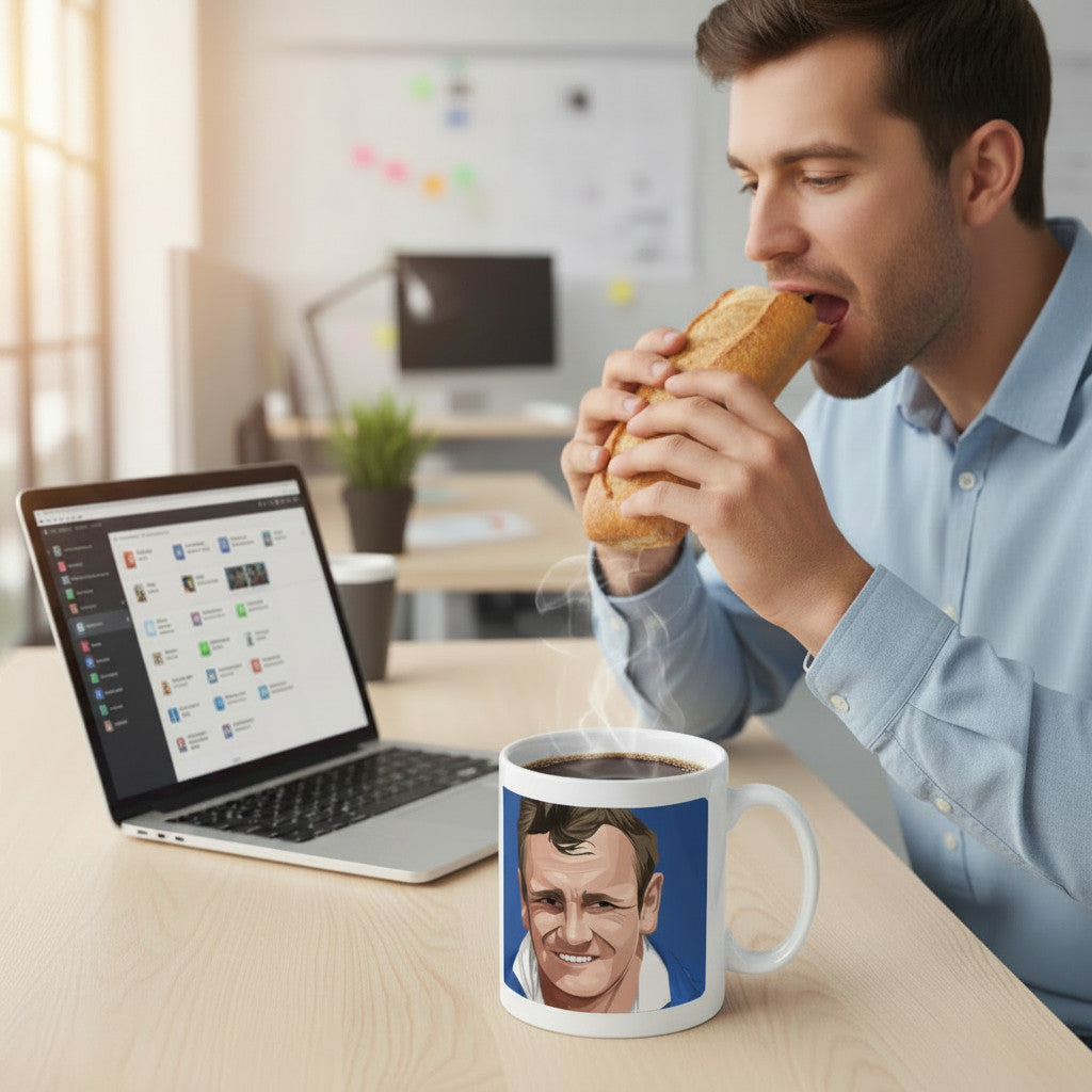 Retrotext Leeds United 1969 Don Revie glossy white 11oz mug on a desk next to a man eating a sandwich