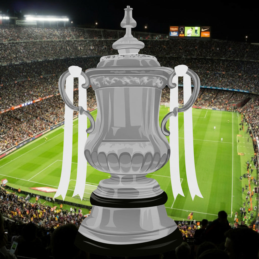 Retrotext Leeds United 1972 FA Cup winners mug featuring a graphic of the trophy against a football stadium background