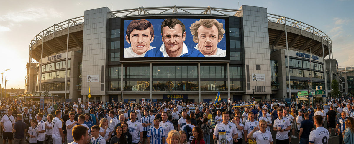 Retrotext Leeds United mug featuring illustrations of Billy Bremner and Johnny Giles on a glossy white ceramic finish