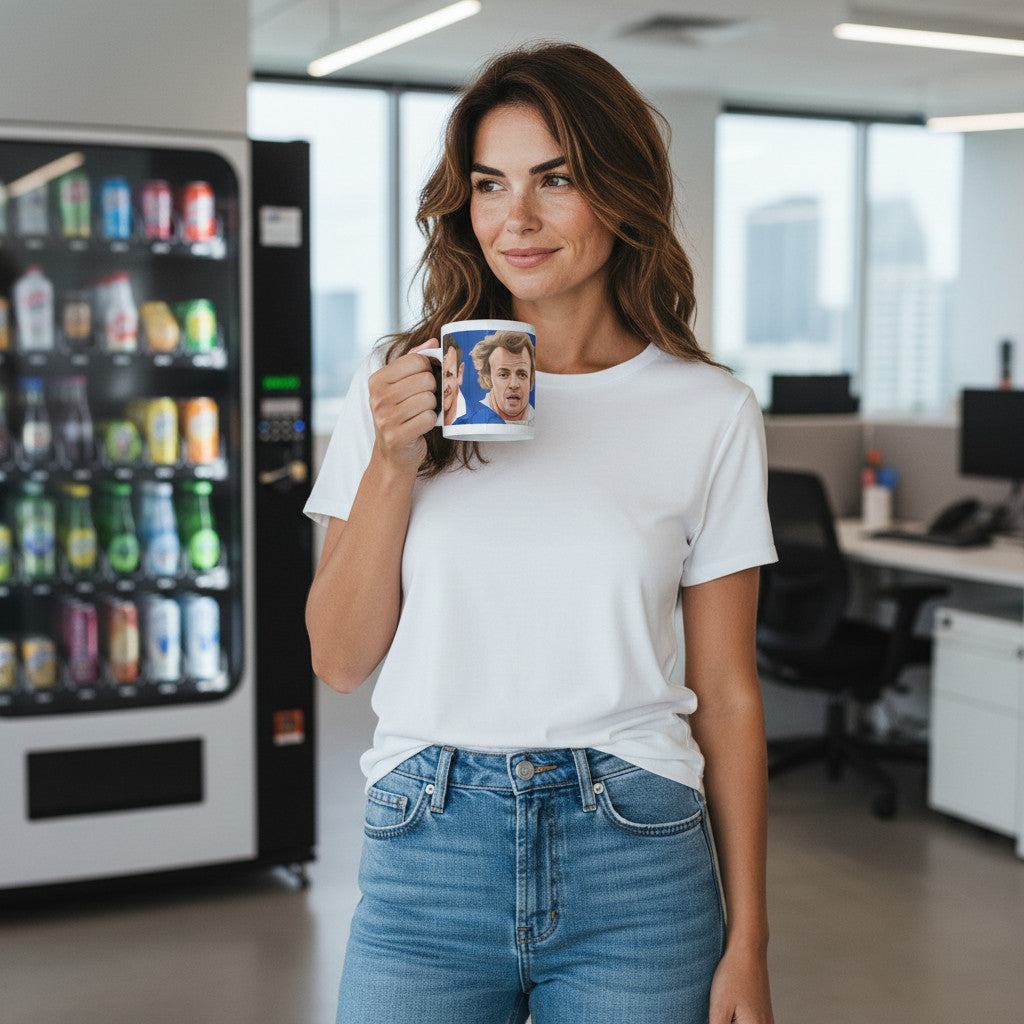 Retrotext Leeds United mug featuring Billy Bremner and Johnny Giles held by a woman in a white t-shirt in an office