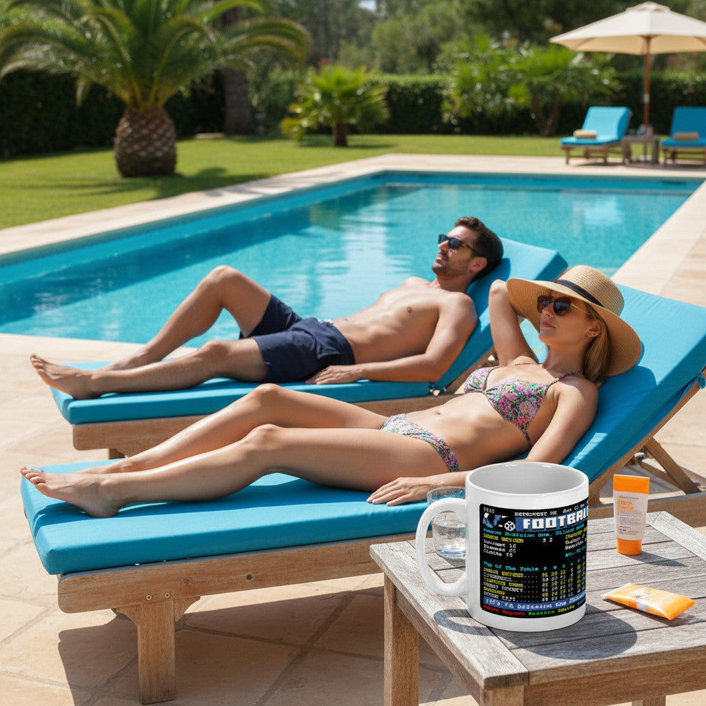 Retrotext Leeds United 1974 Division One Champions Billy Bremner teletext mug on a wooden table by a sunny pool