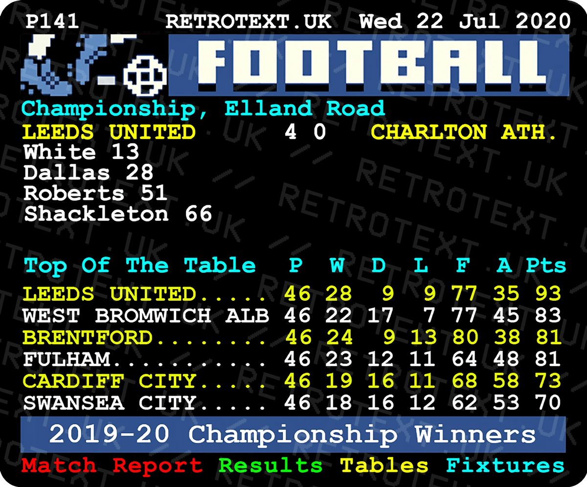 Retrotext Leeds United 2020 Championship Winners ceramic mug featuring a nostalgic retro teletext league table graphic.