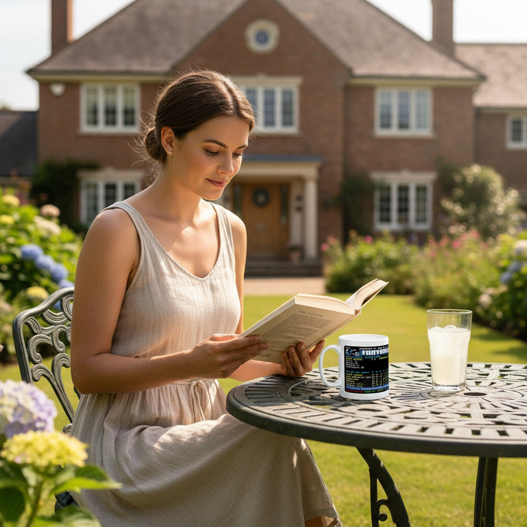 Retrotext Leeds United 2020 Championship Winners teletext mug on a garden table next to a woman reading a book