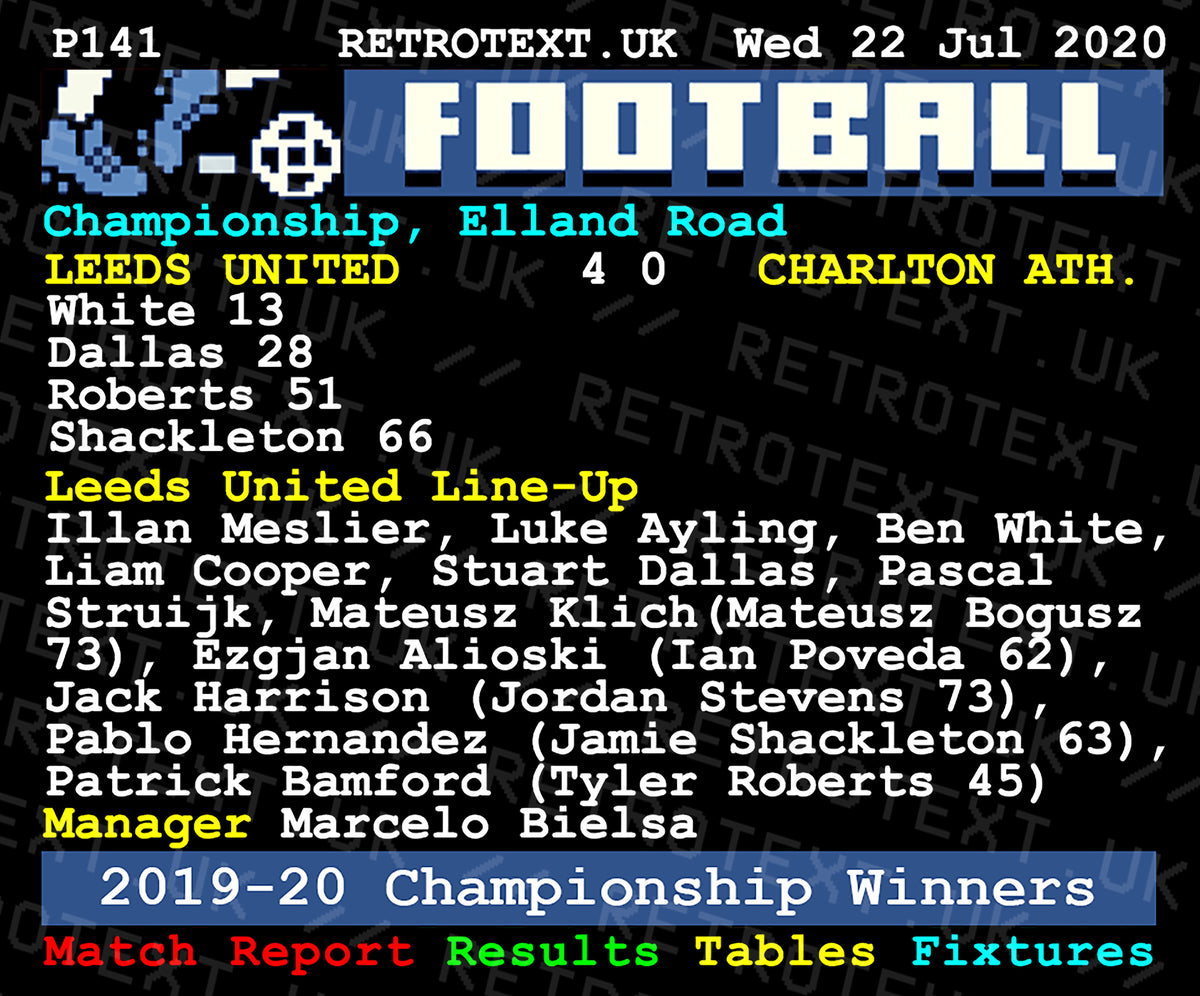 Retrotext Leeds United 2020 Championship Winners ceramic mug featuring a nostalgic teletext football league table design