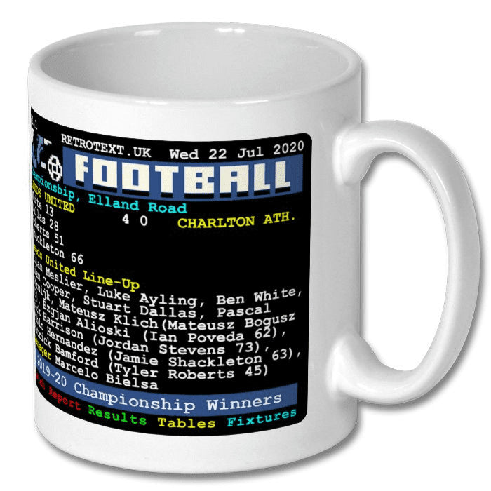 Retrotext Leeds United 2020 Championship Winners ceramic mug featuring a nostalgic teletext football score graphic.