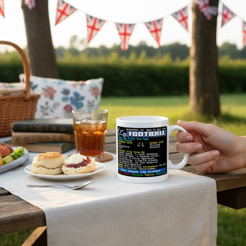 Retrotext Leicester City 1964 League Cup Winners ceramic mug with retro teletext football graphic on a garden table