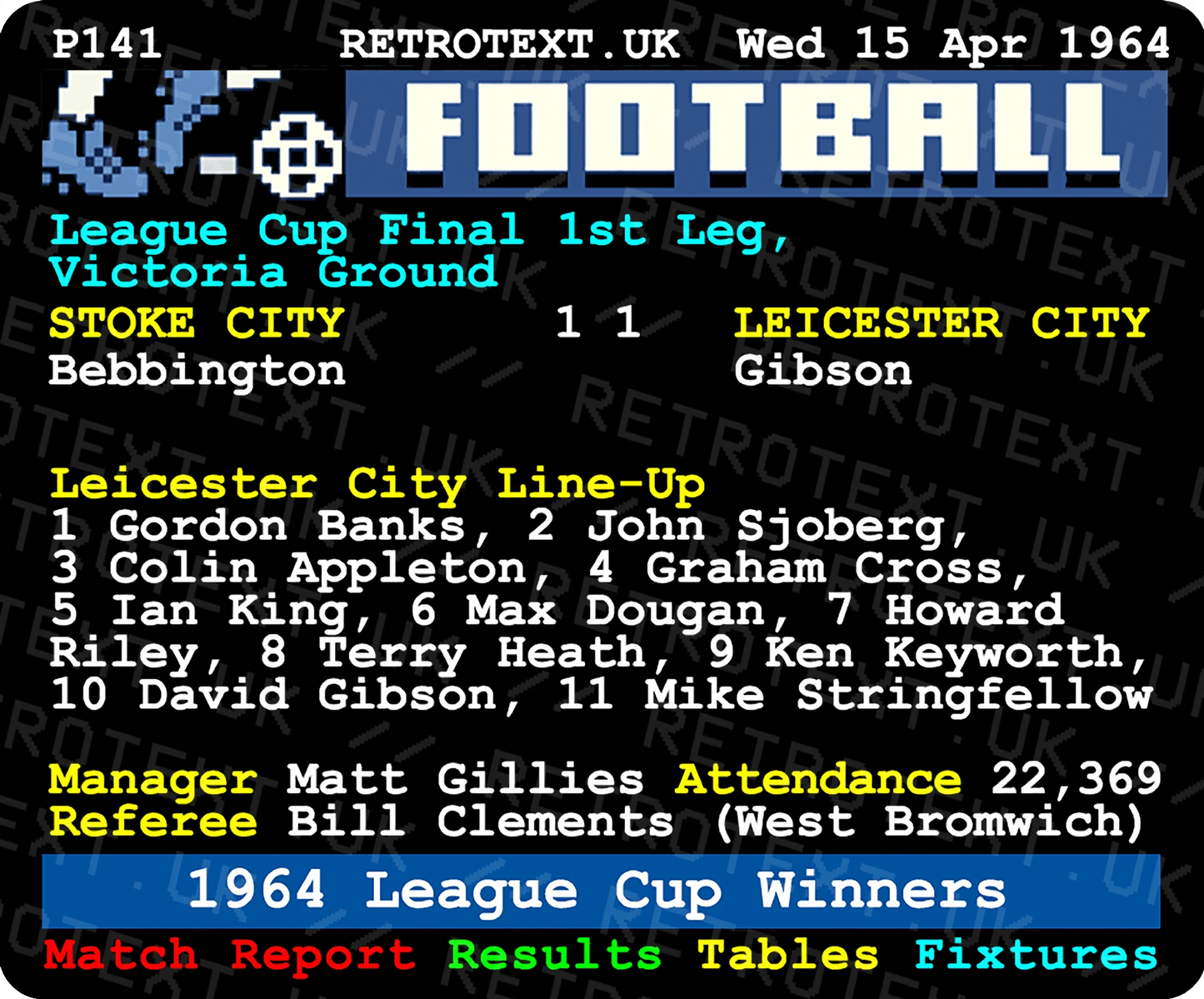 Retrotext Leicester City 1964 League Cup Winners ceramic mug featuring a nostalgic teletext football match report