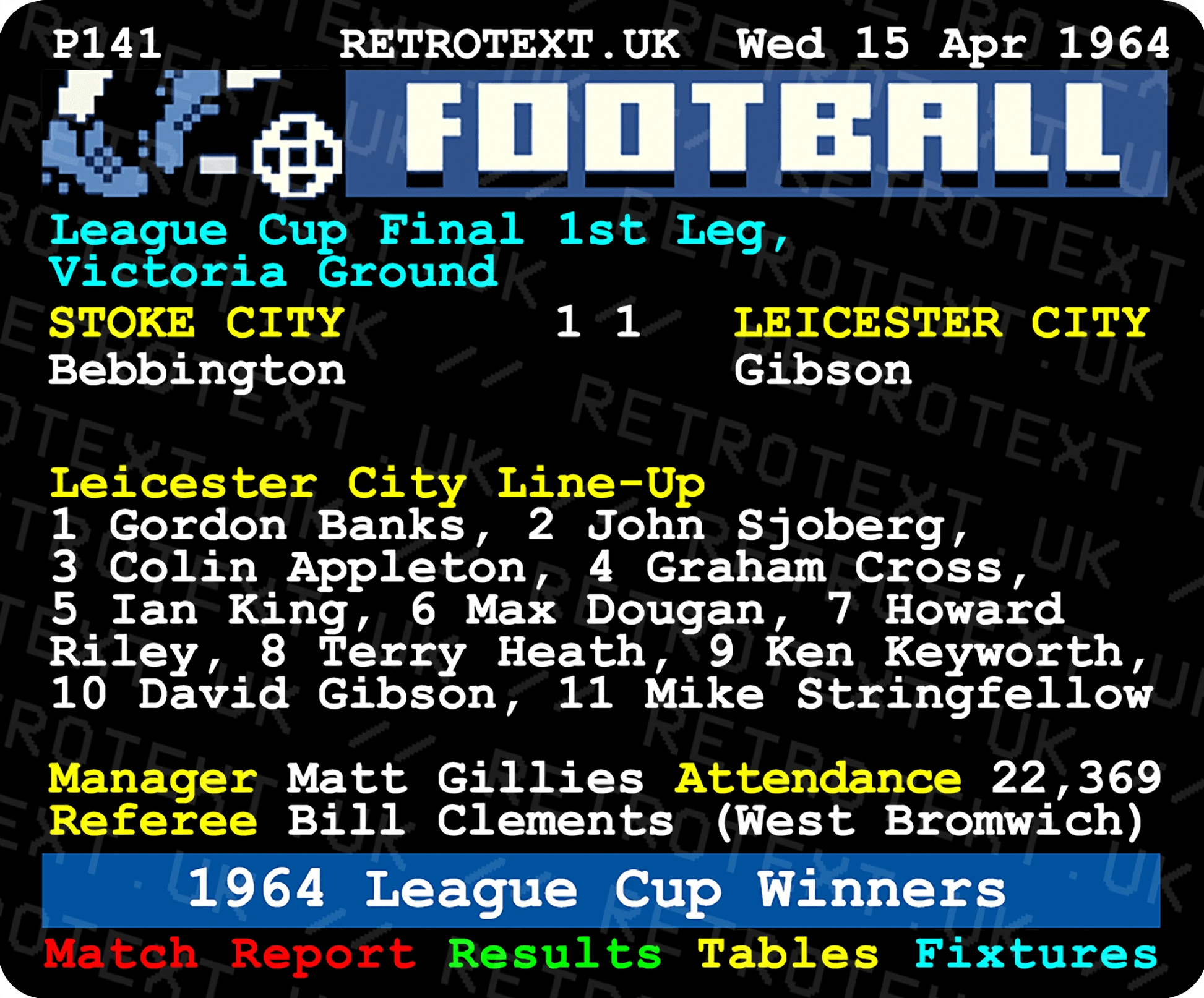 Retrotext Leicester City 1964 League Cup Winners ceramic mug featuring a nostalgic teletext football match report