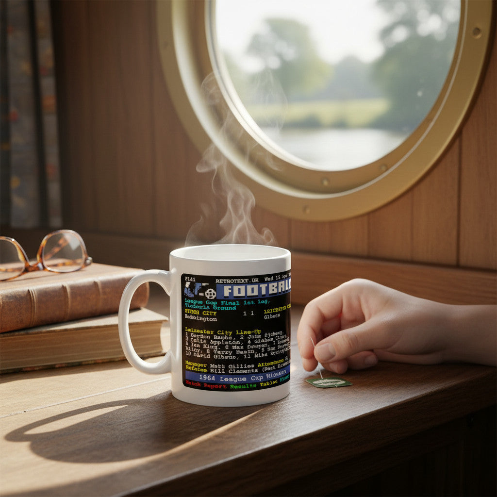 Retrotext Leicester City 1964 League Cup Winners ceramic mug with retro teletext football graphic on a wooden desk