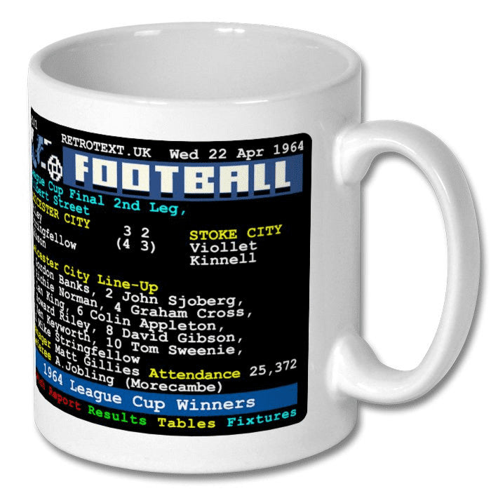 Retrotext Leicester City 1964 League Cup Winners ceramic mug featuring a retro teletext football scoreboard design