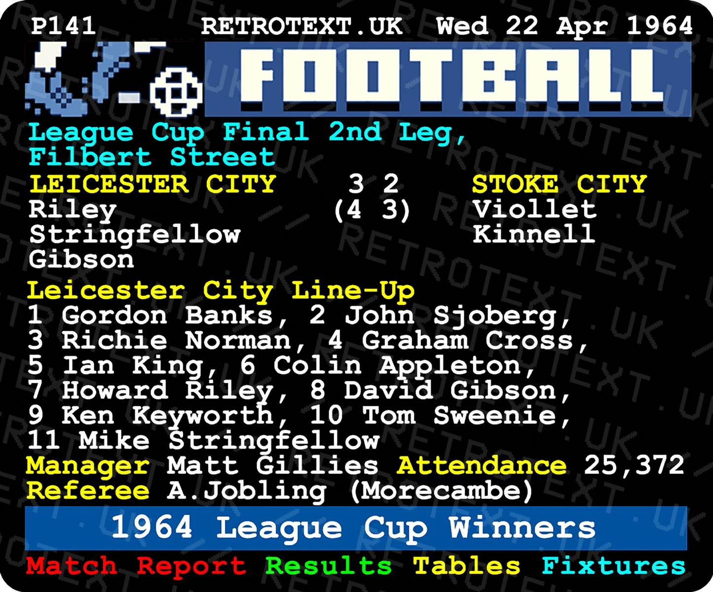 Retrotext Leicester City 1964 League Cup Winners ceramic mug featuring a nostalgic blue and yellow teletext graphic.