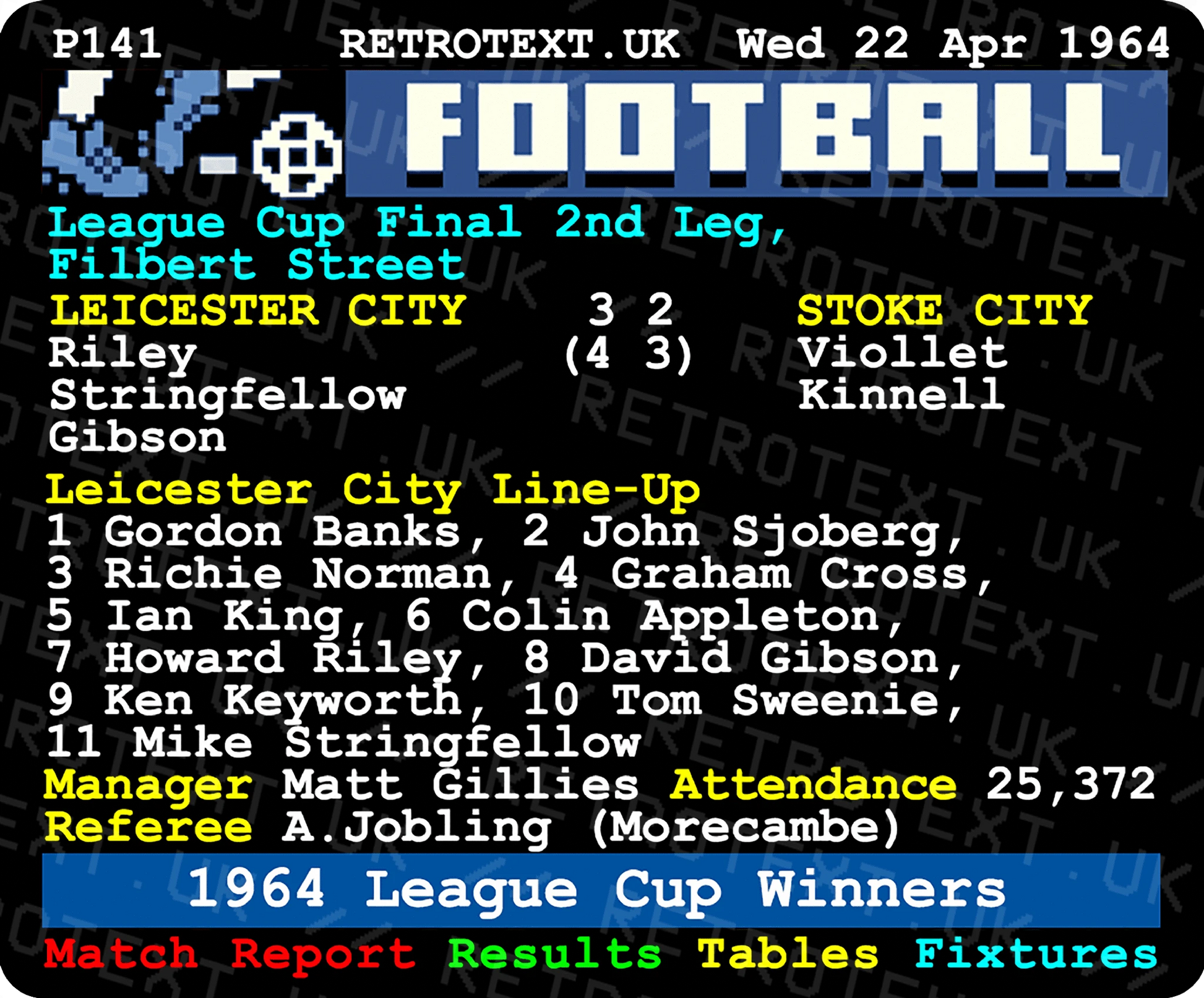 Retrotext Leicester City 1964 League Cup Winners ceramic mug featuring a nostalgic blue and yellow teletext graphic.