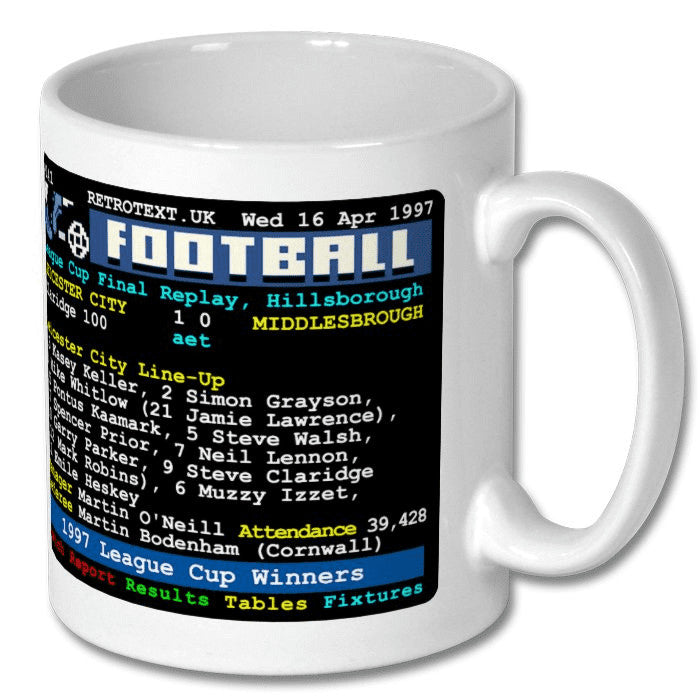 Retrotext Leicester City 1997 League Cup Winners ceramic mug featuring retro teletext match details and line-up