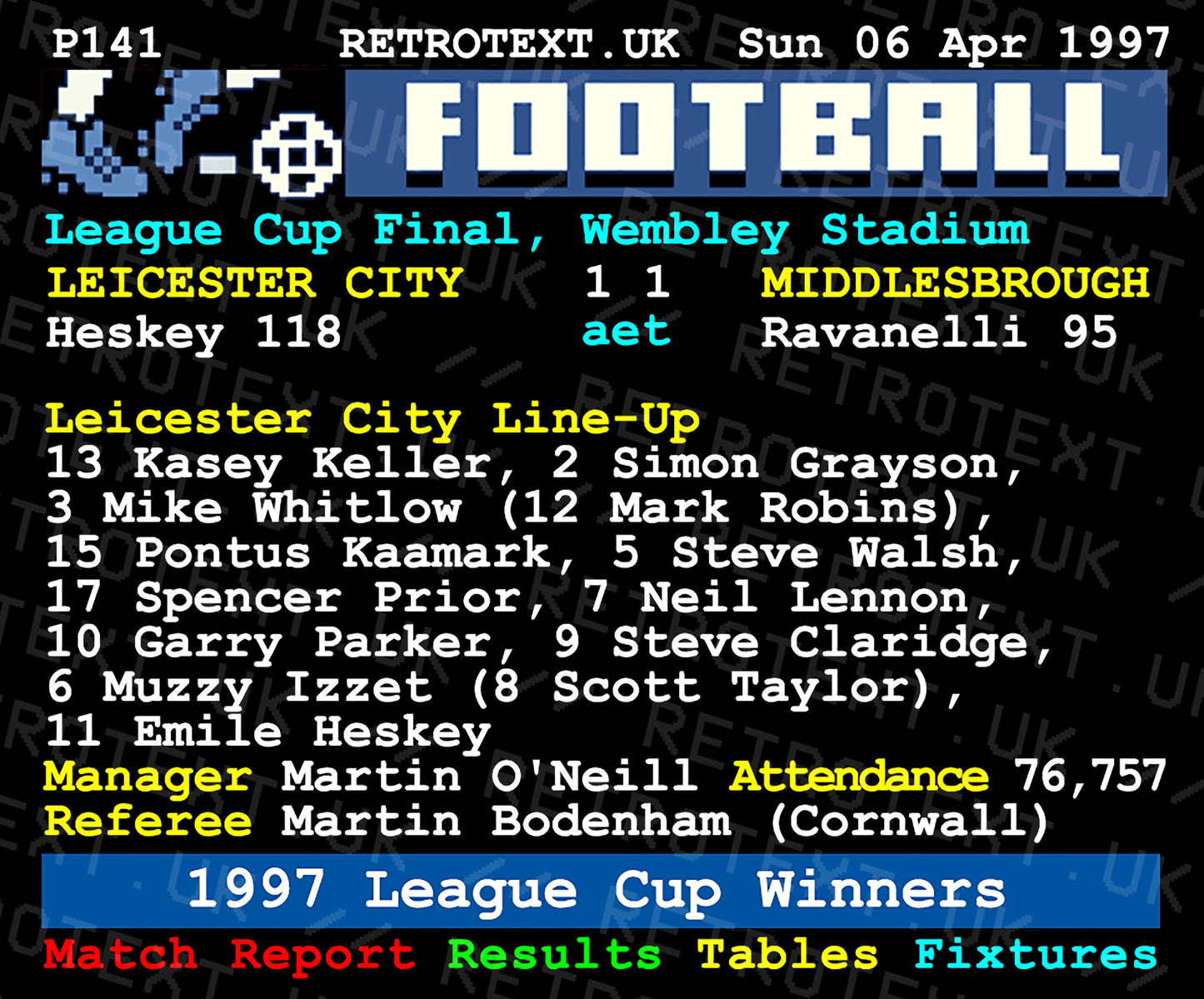 Retrotext Leicester City 1997 League Cup Winners ceramic mug featuring a nostalgic teletext match report graphic.