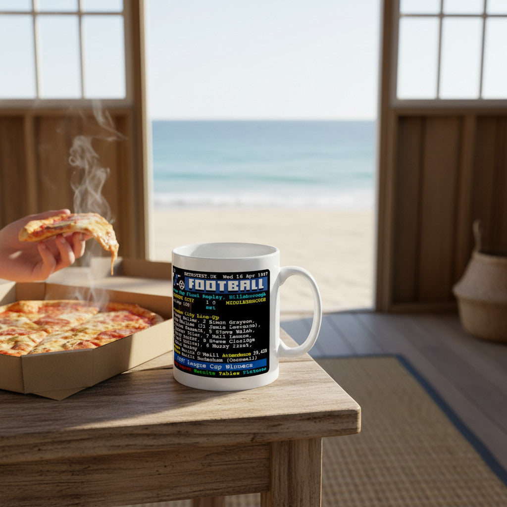 Retrotext Leicester City 1997 League Cup Winners ceramic mug with teletext match details on a table with pizza