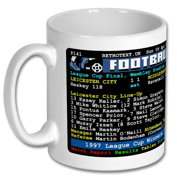 Retrotext Leicester City 1997 League Cup Winners ceramic mug featuring a nostalgic teletext match report design