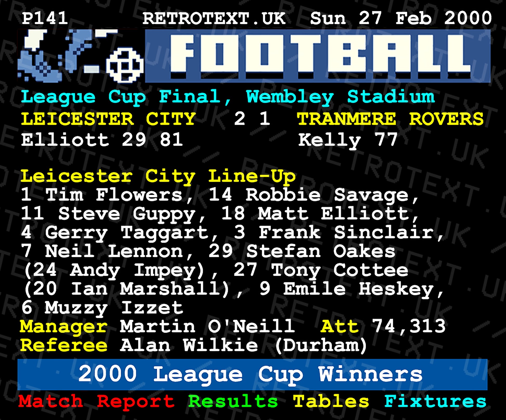 Retrotext Leicester City 2000 League Cup Winners ceramic mug featuring a nostalgic teletext match report design.