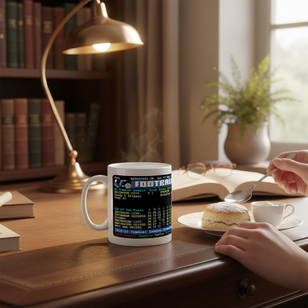 Retrotext Leicester City 2016 Premier League Champions teletext design mug on a desk with a scone and tea