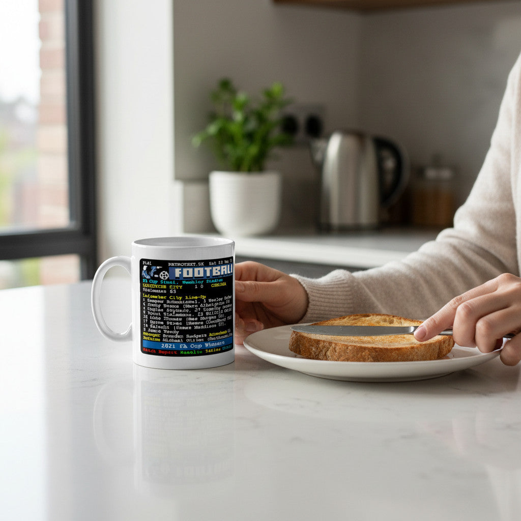 Retrotext Leicester City 2021 FA Cup winners ceramic mug with retro teletext design held by a person at a kitchen table