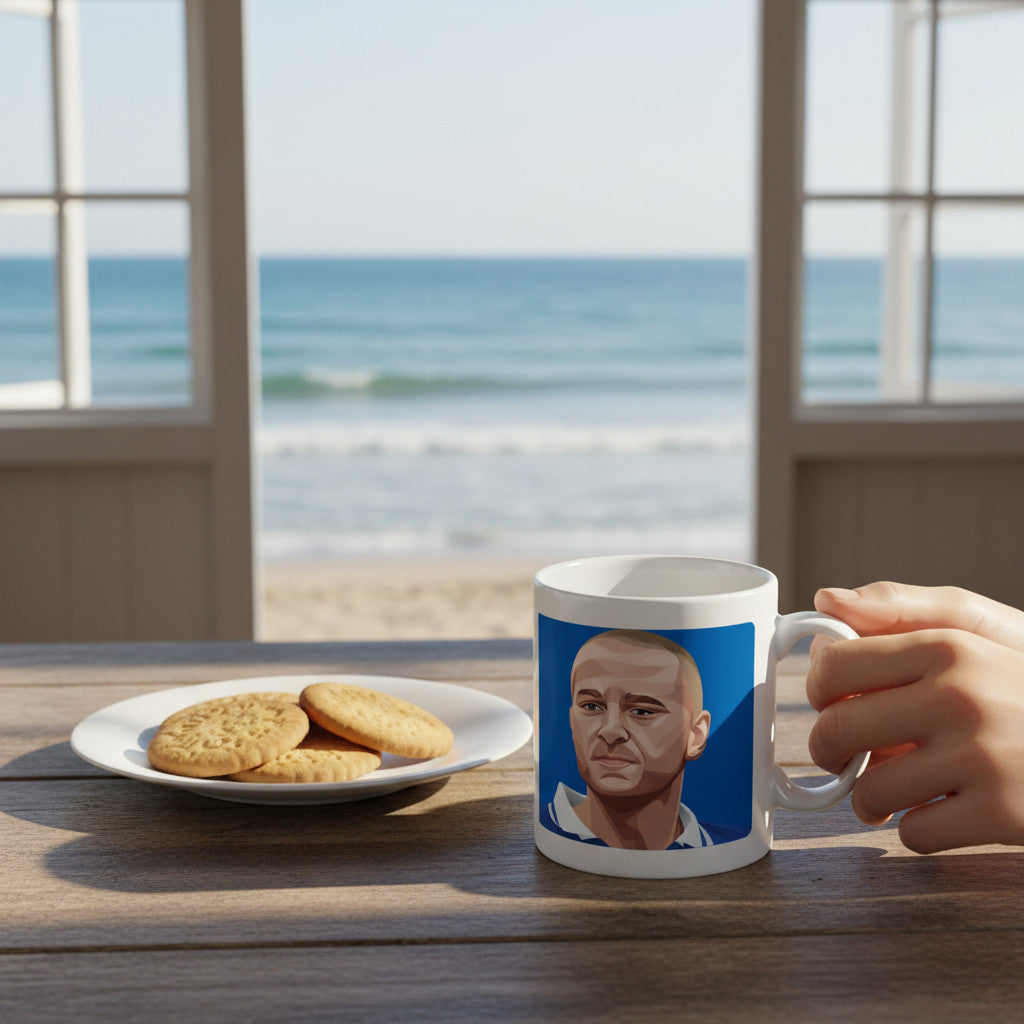 Retrotext Leicester City Matt Elliott ceramic mug featuring a player illustration, held on a table by the beach.