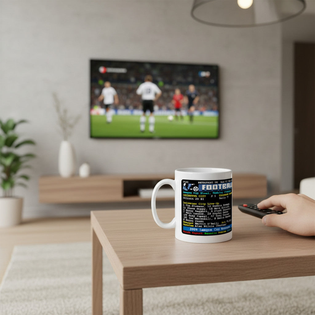 Retrotext ceramic mug featuring Leicester City 2000 League Cup teletext match details on a wooden table