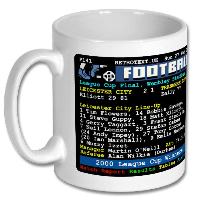 Retrotext Leicester City 2000 League Cup Winners ceramic mug featuring a nostalgic teletext match report design.