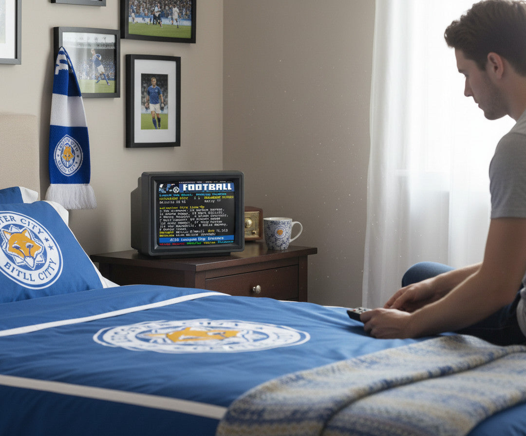 Retrotext Leicester City 2000 League Cup Winners ceramic mug with teletext match details on a bedroom side table