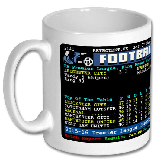 Retrotext white ceramic mug featuring a 2016 Leicester City Premier League Champions teletext match report design.