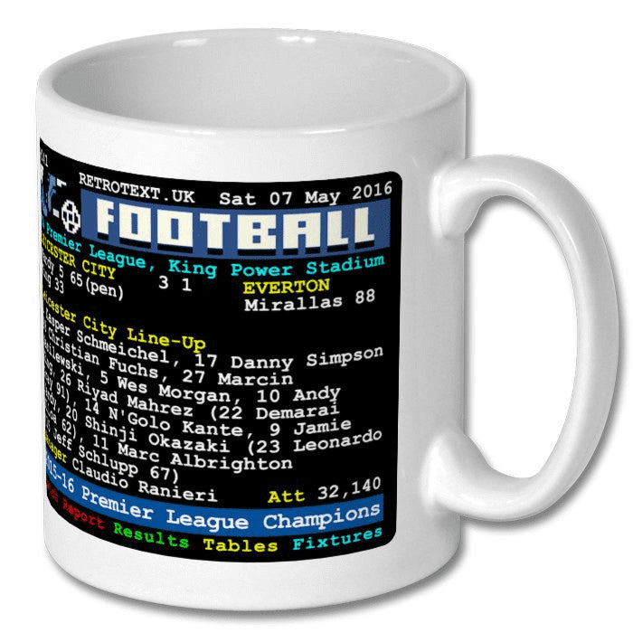 Retrotext Leicester City 2016 Premier League Champions white ceramic mug featuring a vintage teletext match report